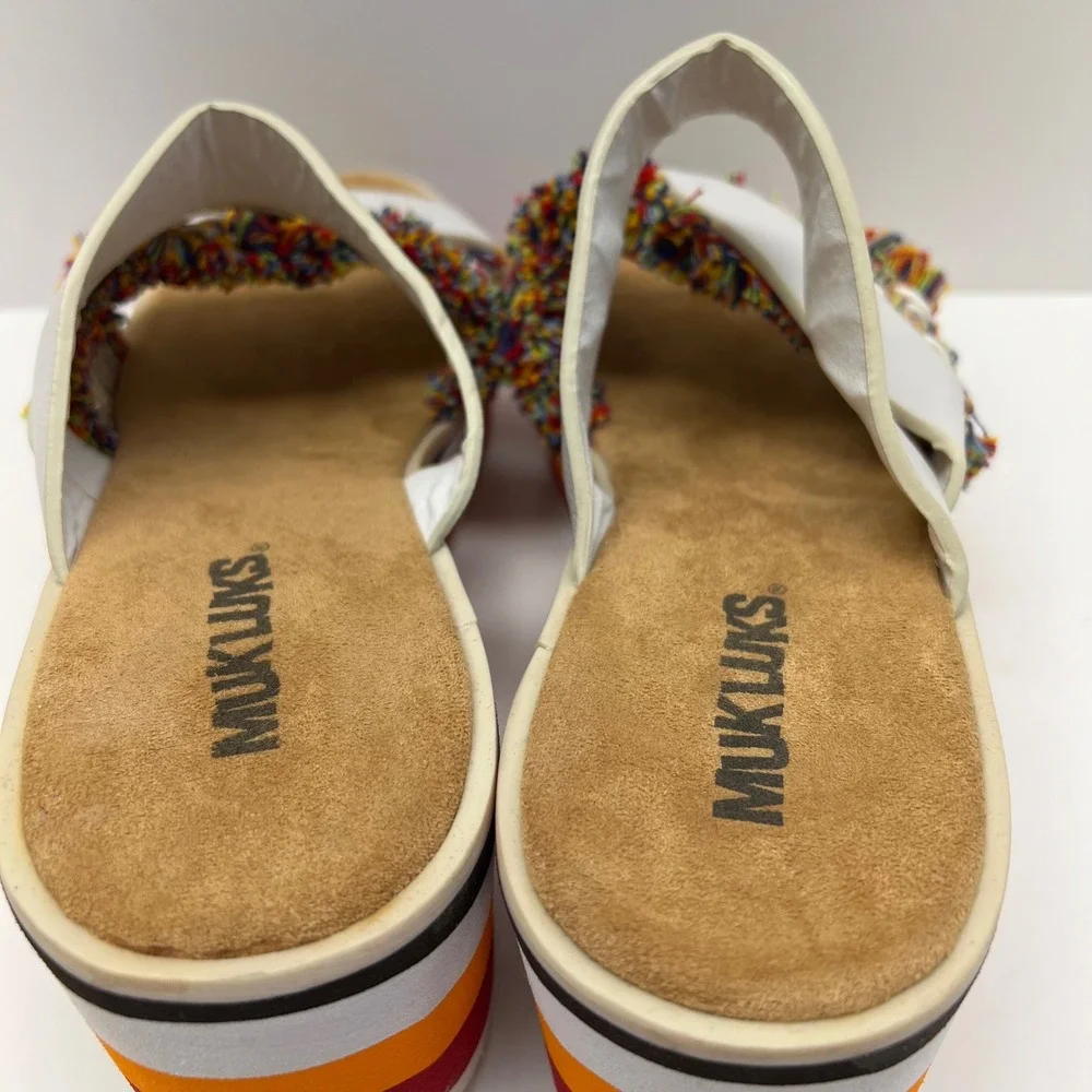 MUK LUKS Womens White Multi Fringe Striped Platform Wedge Slide Sandals Size 8